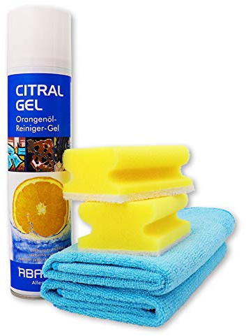 ABACUS® Orangenölreiniger-Set - 1x 400 ml Orangenölreiniger Spray + 2x Mikrofasertuch High Performance + 2x Haushaltsschwamm - Baumharzentferner Entfetter Kleberresteentferner Orangenöl (7348)