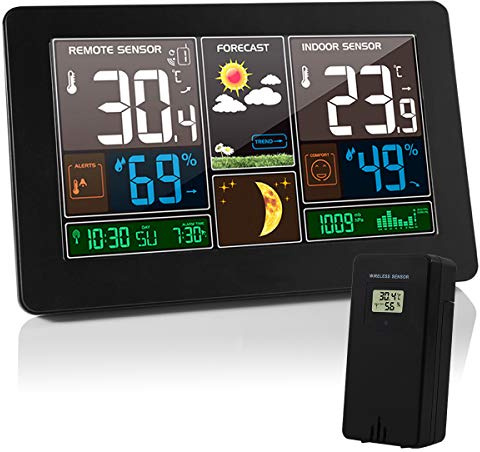 Estacion Meteorologica Interior Exterior, Termómetro Higrometro LCD Pantalla Medidor Temperatura, con Sensor Inalámbrico al Aire Libre, Barómetro Alarma Fase lunar Pantalla