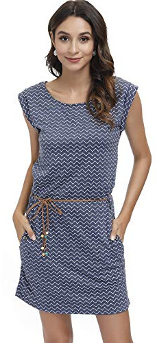 DOTIN Damen Sommerkleid Kurzarm Strandkleid Freizeitkleid Waves Tshirt Minikleid Jersey Kleid, Blau, M