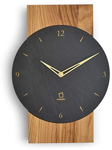Natuhr Schiefer Wanduhr - Steineiche - Holz Eiche Stein geräuscharm Wohnzimmer Holzuhr Made in Germany (Dunkler Schiefer - Eiche geölt, Quarz-Uhrwerk)