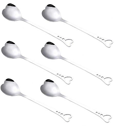 Forme De Coeur Cuillères À Café en Acier Inoxydable, Longue Cuillère À Thé Dessert Agitation Sucre Crème Glacée Mélange Cuillère 6pcs / Set
