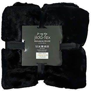 jilda-tex Wohn- Kuscheldecke Felloptik Rabbit Deluxe 150x200 cm 750 GSM Felldecke (Schwarz)