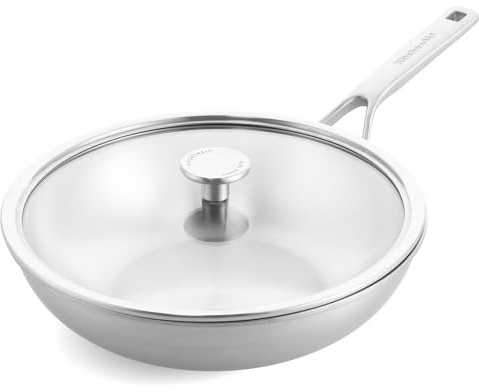 KitchenAid Multiply 3PLY Stainless Steel 28 cm/3.57 Litre Wok Pan with Tempered Glass Lid, PFAS Free, Triply, Multiclad, Induction Suitable, Oven Safe up to 220°C, Silver