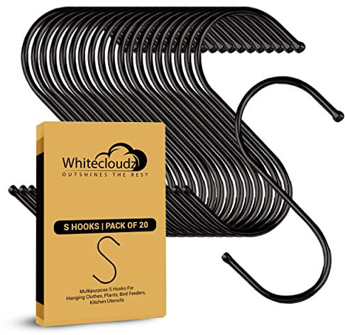WHITECLOUDZ 20-Pack Black S Hooks for Hanging Plants, Metal S Hooks for Hanging Heavy-Duty, Closet Hooks for Hanging Clothes, Durable Kitchen Hooks for Hanging Utensils, Pots, Clothes & Bag