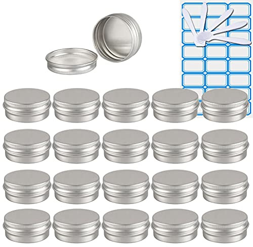 ZEOABSY 100 Pièces 15ml Pots en Aluminium Vide Rond Argent Petit Cosmétiques Pot Conteneurs for Fait Main Bougies Crème Baume Voyage, 10x Spatule, 4X Étiquettes