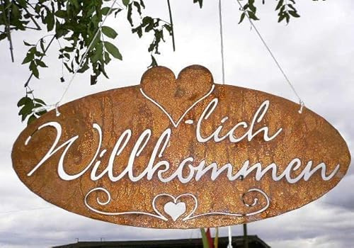 Schild Herzlich Willkommen 55x29cm oval zum Aufhängen Edelrost Gartendeko Wandhänger Wanddeko Rost Tafel Spruchtafel Metall Türdekoration Geschenk