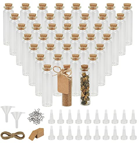 VonLux Glas Reagenzgläser Set, 40pcs 20ml Mini Glasflaschen mit Korken, Reagenzglas Gewürzgläser Kleine Flaschen für Geschenk Dekorationen mit 40 Ösenschraube, 50 Pappkärtchen, 10m Juteband, Trichter