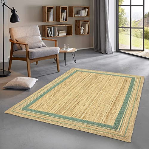 Taracarpet Jute Teppich Sisal Optik mit Bordüre Kurzflor Boho modern für Wohnzimmer Schlafzimmer nachhaltig Natur-Teppich grün 080x150 cm