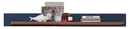 DIJON Wandboard in Parisian Blue, Haveleiche Cognac Optik - Hochwertiges und vielseitig einsetzbares Wandregal - 147 x 16 x 22 cm (B/H/T)