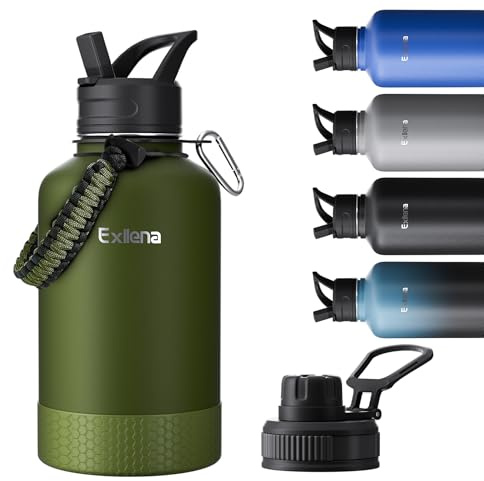Exllena Borraccia 2 Litri Termica - Bottiglia Termica 18/8 Acciaio Inox Senza BPA con 2 Coperchi e Manico in Paracord - Tenuta Stagna Borraccia Grande per Palestra, Escursionismo...(Verde Militare)