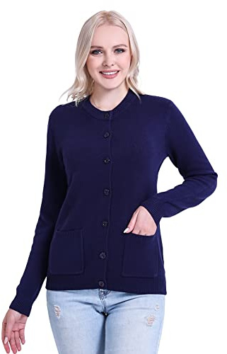 SMILING PINKER Women Crew Neck Cardigan Medium Weight Button UP Sweater Top with Pockets