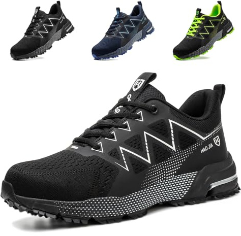 Safety Trainers Mens Womens Lightweight Breathable Steel Toe Cap Safety Shoes Non Slip Work Boots Construction Industrial Sneakers, Black, UK 9