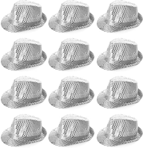 Sombrero Trilby de lentejuelas plateadas, paquete de 48, sombrero Fedora de lentejuelas plateadas, accesorio de gángster de los años 20, accesorio de disfraz de fiesta de baile para adultos