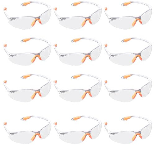 Vueinrg 12 Pezzi Occhiali Protettivi da Lavoro Antigraffio Occhiali di Sicurezza Trasparenti con Lenti in Plastica Ponte del Naso e Punte di Ramo in Gomma Occhiali Protettivi Laboratorio Chimica