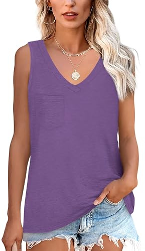 NONSAR Armelloses Shirt Damen Basic Sommer Elastische Tank Top mit V Ausschnitt Lässige Trägershirt mit Tasche Locker Top Bequeme Unterhemden