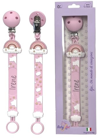 Fettuccia, Catenella portaciuccio personalizzata con nome, in silicone,FIGURE,BABYJART,catenella sicura per il bambino,compatibile con ciuccio MAM e CHICCO AZIENDA ITALIANA,MADE IN ITALY! (ARCOBALENO)