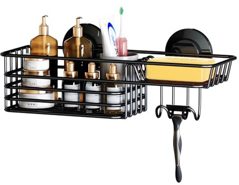 TAILI Shower Caddy Suction Cup with Hooks & Soap holder Heavy Duty Bathroom Shower Organizer No Drilling Bathroom Shelves for Inside Wall Mounted Kitchen Accessories, Black