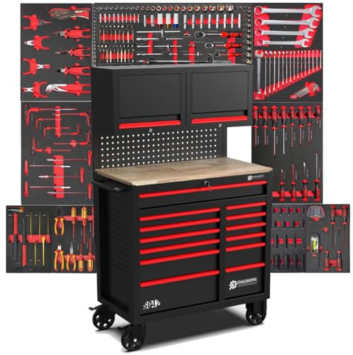XXL Werkstattwagen mit Werkzeug | Industrial-Line Stahlgruppe Werkzeugwagen bestückt SG42 | 11 Schubladen mit Softclose-Funktion | hochwertige Schaumstoffeinleger | exzellentes KFZ Werkzeugsortiment