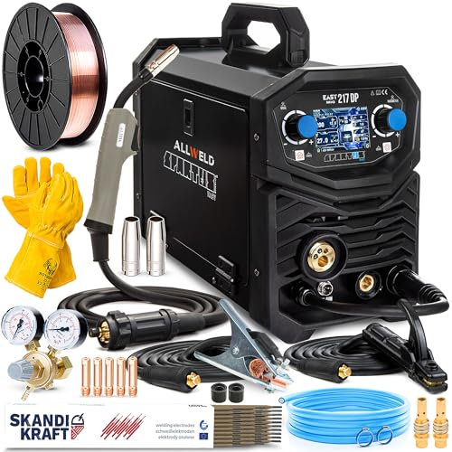 Spartus EasyMIG 217 LCD Dual Pulse - Soldador Inverter Profesional de 200 A - Doble Pulso y Sinergia - MIG/MAG, MMA, TIG Lift, Flux - Regulación de Inductividad - Set Basic