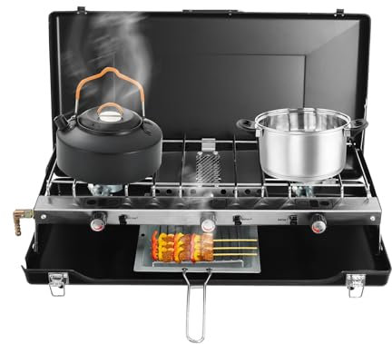 Réchaud de camping portable, pliable, à gaz, avec 3 brûleurs, allumage piézoélectrique, barbecue de table pour camping, barbecues, fêtes, pique-niques, 56,5 x 30 x 34 cm