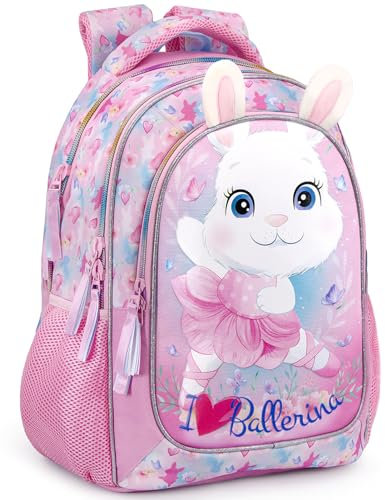 Julian Ross Bunny Ballerina Zaino Scuola Elementare per Bambina, Ergonomico con Schienale Imbottito e Rinforzato, Spallacci Imbottiti, 3 Scomparti, Fodera Interna, Manico, 33x15x43h