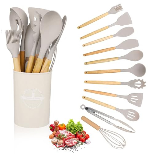 12PCS Kitchen Utensils Set, Nonstick Heat Resistant, BPA Free Food Grad | Silicone Cooking Utensil Set with Wooden Handle, Spatula, Utensil Holder, Spoons, Kitchen Gadgets, Cooking Stirring Tools