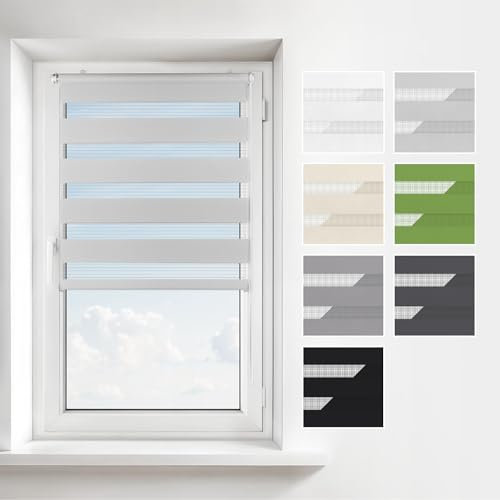 Estika Doppelrollo Klemmfix ohne Bohren – Breite: 130 cm – Höhe: 120 cm – Farbe: Hellgrau – Jalousie für Innenfenster, Duo-Rollo, Fensterrollo innen