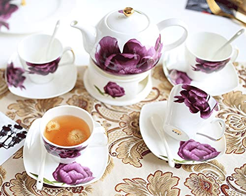KWMAEEUID English Ceramic Tea Sets Coffee Cups and Saucers Afternoon Tea Set Service with Heated Tea Stove Tea Set with Teapot