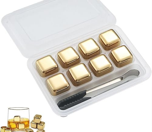 Juego de cubitos de hielo de acero inoxidable, 8 piezas de piedras de whisky de acero inoxidable, con clip de silicona, para whisky, vodka y tequila, dorado