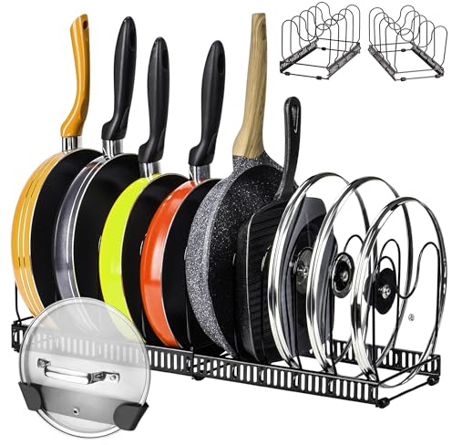 Silvarino - organizzatore padelle e pentole cassetto - 10 scomparti e un supporto adesivo per coperchi - organizer per piatti per armadio e cassetti da cucina