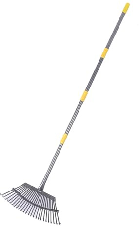 Râteau de Jardin Large, Râteau à Feuilles Robuste 25 Dents en Acier Inoxydable, Râteau à Feuilles de Jardin Long, Râteau de Chaume avec Poignée en Caoutchouc Réglable pour