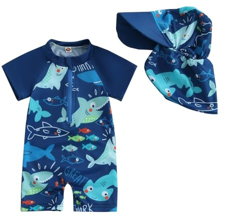 Geagodelia Baby Boy Swimming Costume Toddler Boy Swimsuit Infant Bathing Suit Short Sleeve One Piece Rash Guard Sun Hat Summer Beachwear (Blue, 12_months-24_Months)