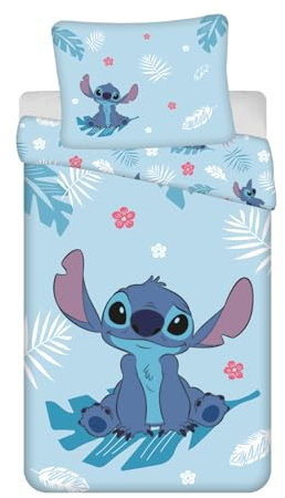 Jerry Fabrics Stitch Angel - Juego de ropa de cama reversible de 140 x 200 cm y funda de almohada grande de 70 x 90 cm, 100% algodón, color azul