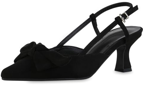 VAN HILL Damen Slingpumps Stiletto Schleifen Trendy Schuhe 216892 Schwarz Velours 39