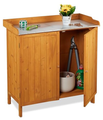 Relaxdays Pflanztisch mit Unterschrank, Holz, Zinn Arbeitsplatte, HxBxT: 94 x 94 x 47 cm, Outdoor Gartenschrank, orange