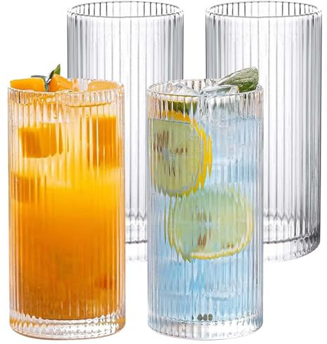 Juego de 4 vasos largos de 370 ml, acanalados, de cristal, estilo origami, vasos de aperitivo, vasos para café helado, cerveza, zumos