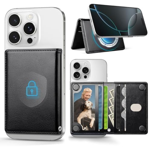 OCASE Compatible with MagSafe Wallet, iPhone Wallet with Strap, Black | Magnetic Wallet, for iPhone 16/15/14/13/12 Series, RFID Blocking PU Leather Card Holder with 5 Card Slots