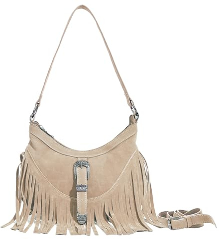 Sunwel Fashion Sac à bandoulière western à petites franges pour femme - En daim végétalien - Style hippie - Avec pompon, nude