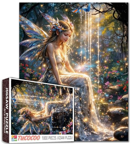 Tucocoo Puzzle magique de la forêt des fées de 1000 pièces pour adultes, petite fée fantastique assise près de la cascade, puzzles extravagants avec des scènes de nature enchantée, jeux de bricolage
