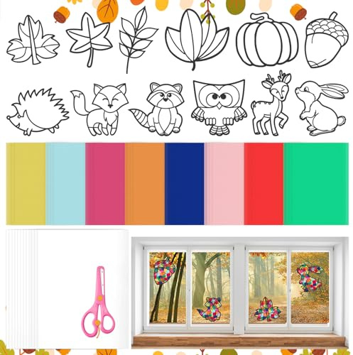Kaisibum Fensterbilder 12 Bögen Selbstklebend - Elektrostatische Fenster deko mit Blättern und Tieren Aufkleber - Wiederverwendbar für Fensterdeko, Ostern Deko