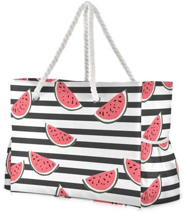 sanluoli Bolsas de mano de sandía de gran capacidad a rayas negras y blancas para la escuela con bolsillos laterales, bolsa de fin de semana con bolsillos con cremallera