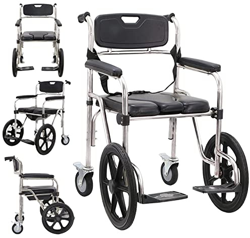 OWOHYG Sedia A Rotelle Comoda da Comodino, Sedia da Doccia 4 in 1, Sedia da Toilette Pieghevole con Braccioli, Seduta in Similpelle, Telaio in Acciaio Inossidabile, 150 kg