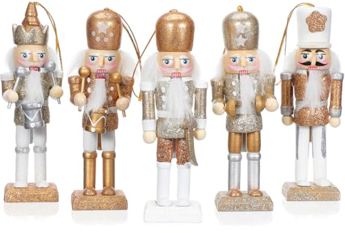 Amosfun Schiaccianoci di Natale in legno, ornamento bianco oro scintillante polvere appeso bambola ciondolo festivo albero di Natale decorazione per feste e casa creativo tradizionale schiaccianoci