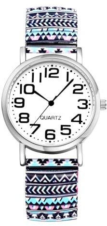 JewelryWe Damenuhr Boho Elastische Uhren Bohemian Stil Analog Quarz Armbanduhr Damen Senioren Edelstahl Stretcharmband Uhr mit Bunt Zugarmband und Großen Zahlen
