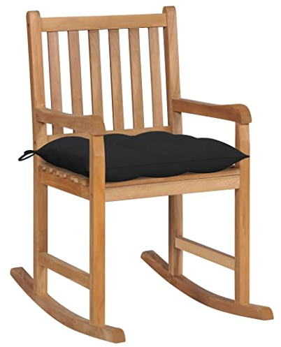HaoChrymec Mecedora de Exterior con Cojín, Silla Mecedora de Teca Maciza, Diseño Ergonómico y Resistente a la Intemperie, Sillón Balancín para Jardín o Terraza, Color Negro, 58 x 92.5 x 106 cm