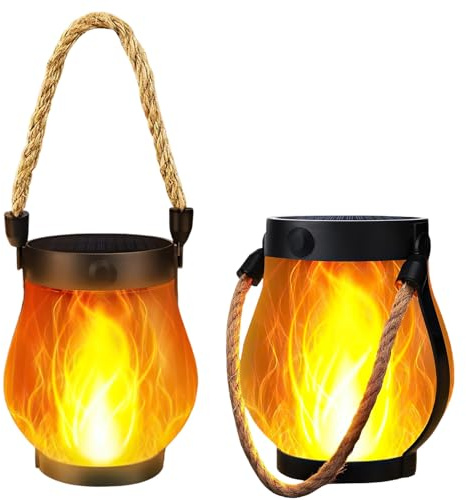 Lanterna solare a fiamma, per esterni, con effetti fiamma realistici, 1500 mAh, ricarica solare 2 in 1 e USB ricaricabile, IPX4, impermeabile per esterni, cortile, balcone (2 pezzi)