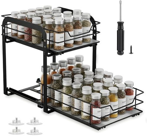 Makdly 2-Tier spice rack for inside cupboard,Pull Out Cabinet Organiser With 3 height,kitchen cupboard organiser for Spice Bottles,cabinet door spice rack for Kitchen Home Storage Space-Saving, 1Pack