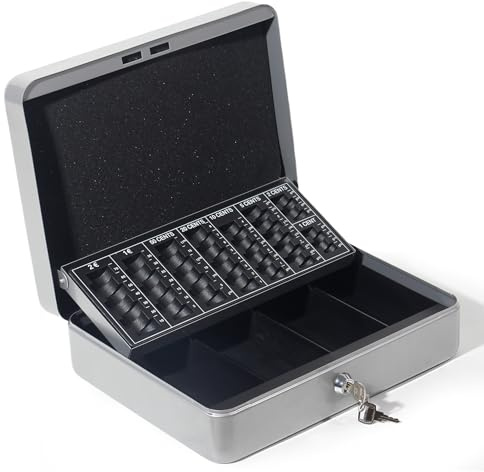 GREELUE Geldkassette mit münzzählbrett, Kasse Abschließbar, Cash Box Groß, Spardose, Geld organizer (Silber-30cm)