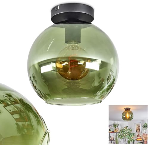 HOFSTEIN Deckenleuchte Koyoto, 1-flammige Deckenlampe aus Metall/Glas in Schwarz/Grün, moderne Leuchte im Retro/Vintage-Design (Schirm Ø 25 cm), E27, Esszimmer, Küche, Wohnzimmer