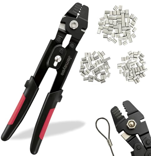 Wire Rope Cable Crimping Tool Kit Up to 2.2mm Wire Rope Swager Crimper Fishing Crimping Tool with 150 PCS Aluminum Double Barrel Ferrule Crimper Loop Sleeves